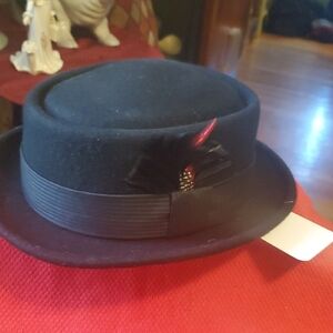 Elegant Black Pork Pie Hat with Feather Detail